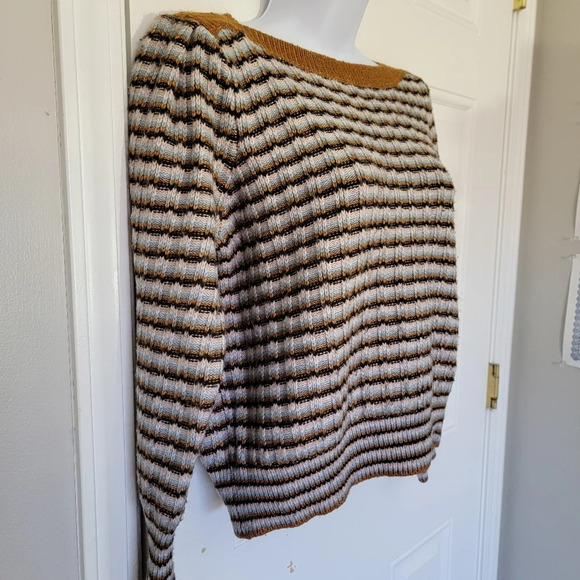 Nine West Cropped Striped Blue Tan Cream Boat Neck Sweater Fall Winter Size M - Picture 3 of 10